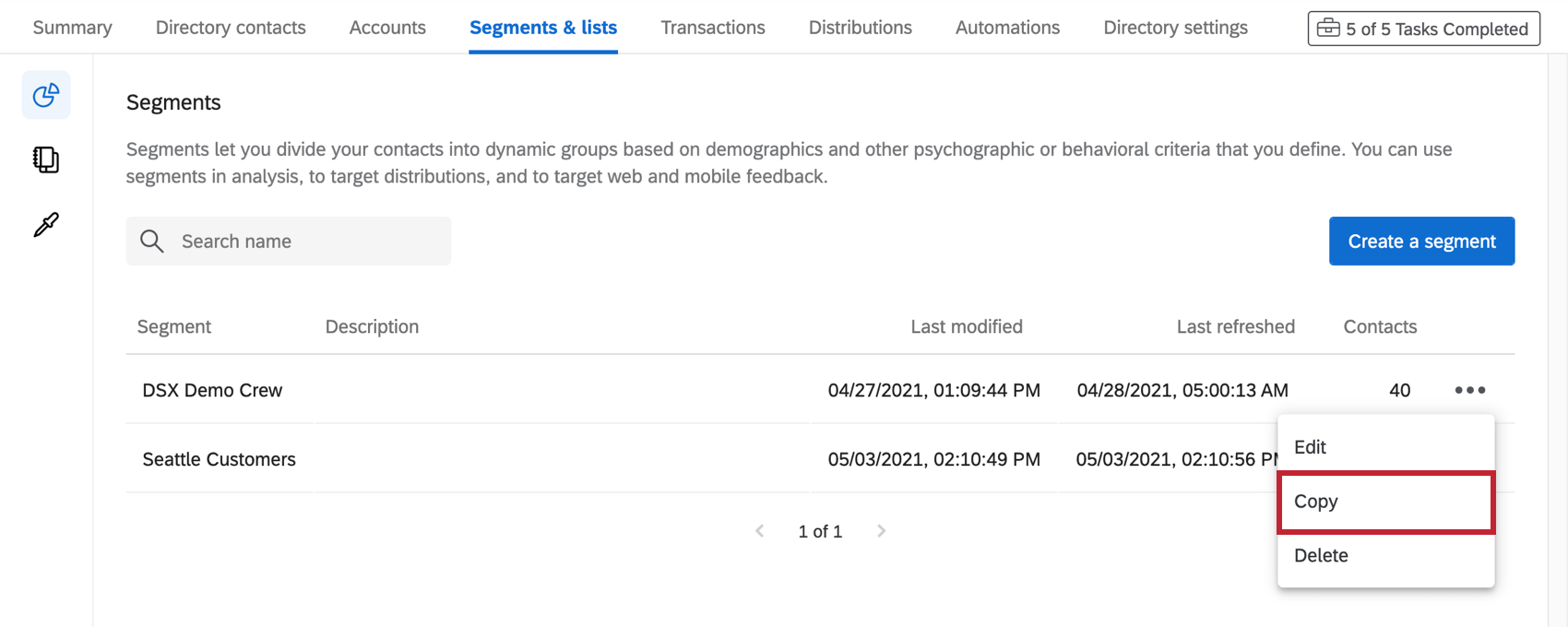 Dropdown next to segment expanded, second option to copy it