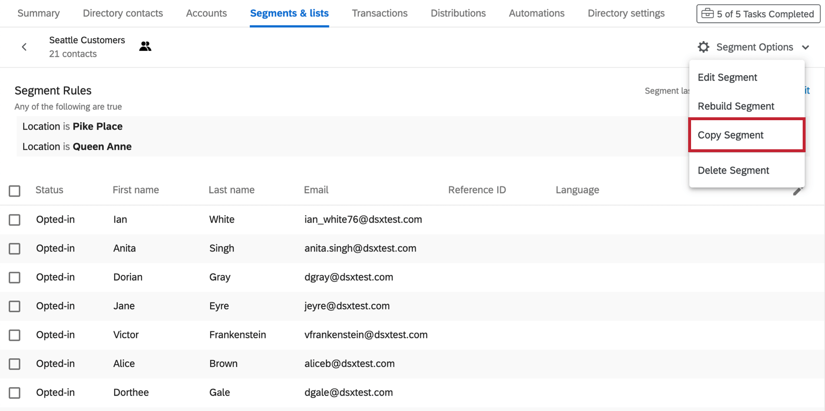 Innerhalb eines Segments besteht die dritte Option in der Segmentoptions-Dropdown-Liste darin, es zu kopieren.