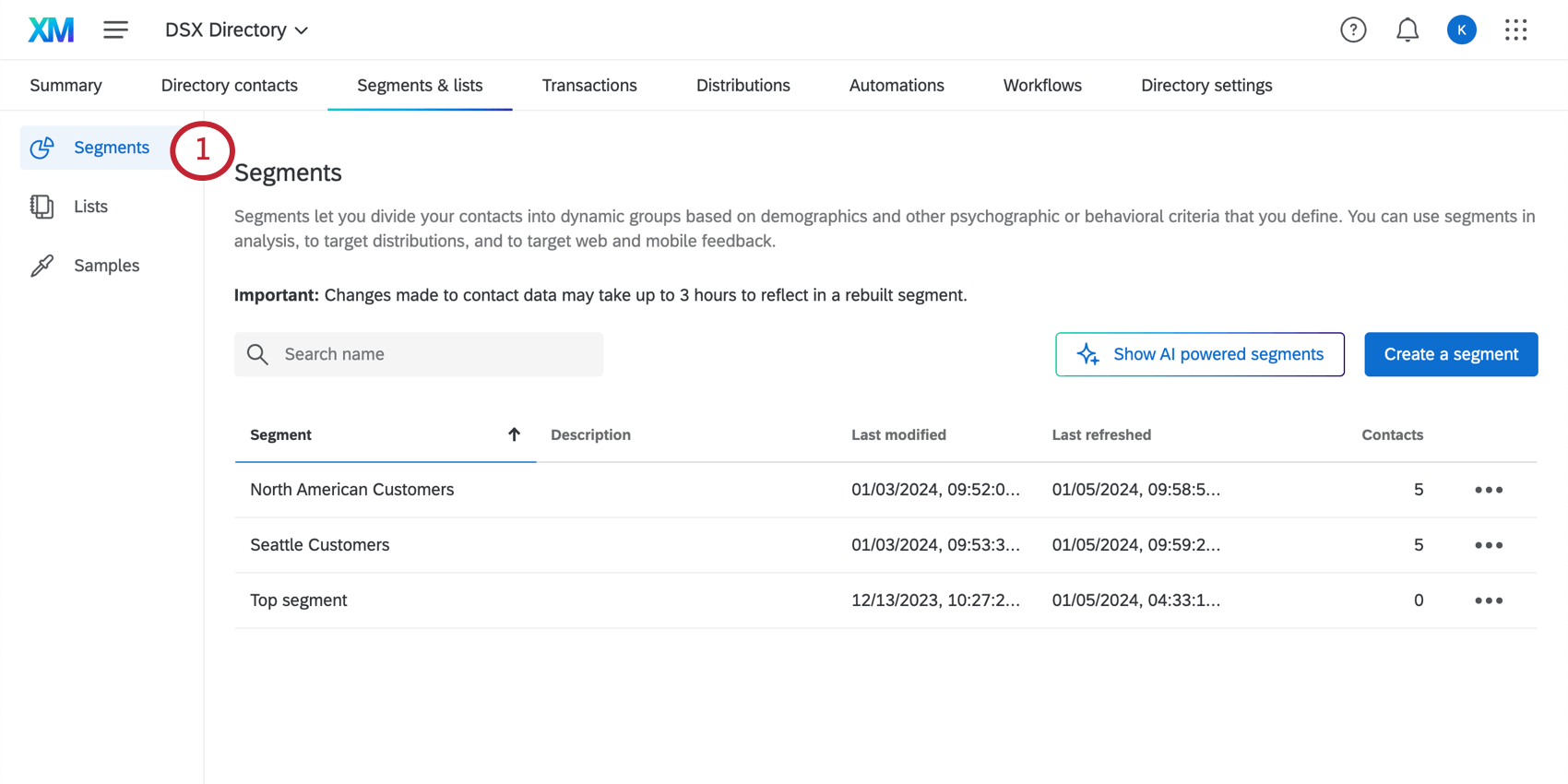 guia de segmentos do diretório XM