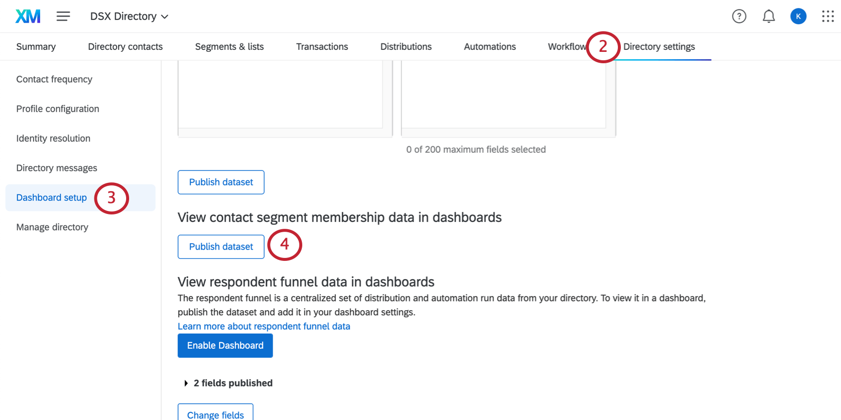 Dashboard setup page of XM directory settings
