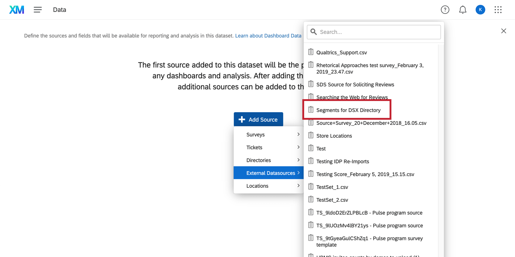 ダッシュボードにデータセットを追加する際、名前に細分化が含まれている。
