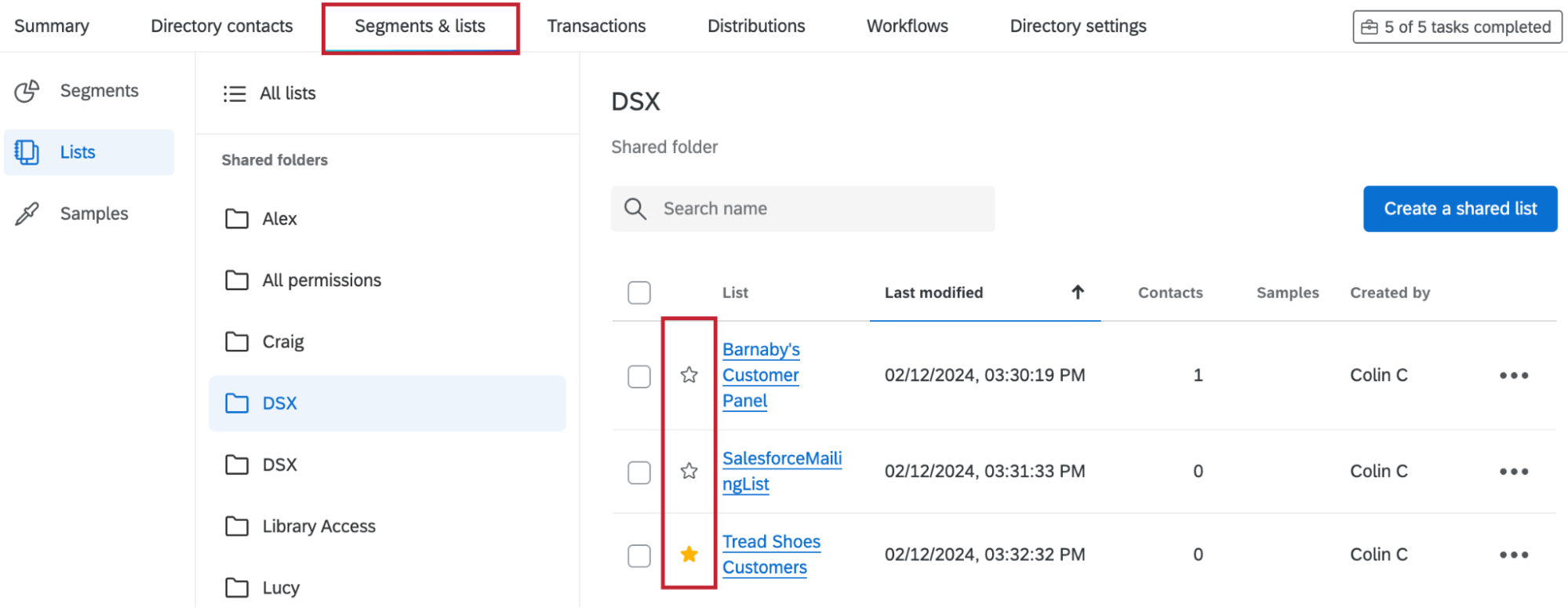 icons within the "segments & lists" tab to add a segment or list as a favorite
