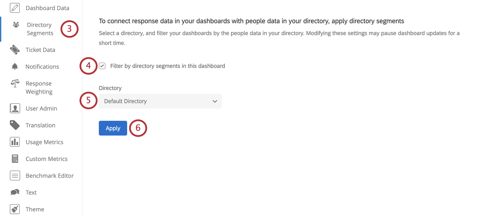 Directory segments section of the dashboard settings
