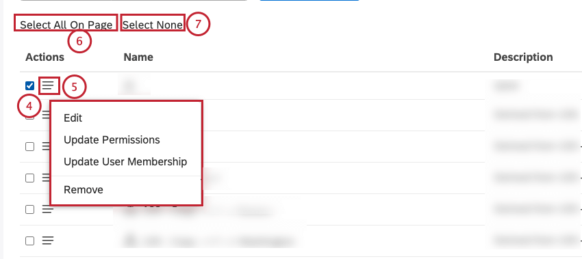 Seleccione 1 o más grupos para realizar acciones masivas. Haga clic en el menú de acciones para ver un menú que muestra las opciones para administrar 1 o más grupos. Haga clic en Seleccionar todo en la página para seleccionar todos los grupos en la página. Haga clic en Seleccionar ninguno para anular la selección de todos los grupos seleccionados en la página.