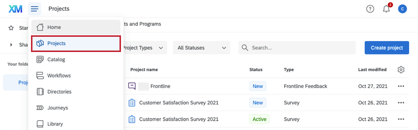 Projects being selected from the navigation menu