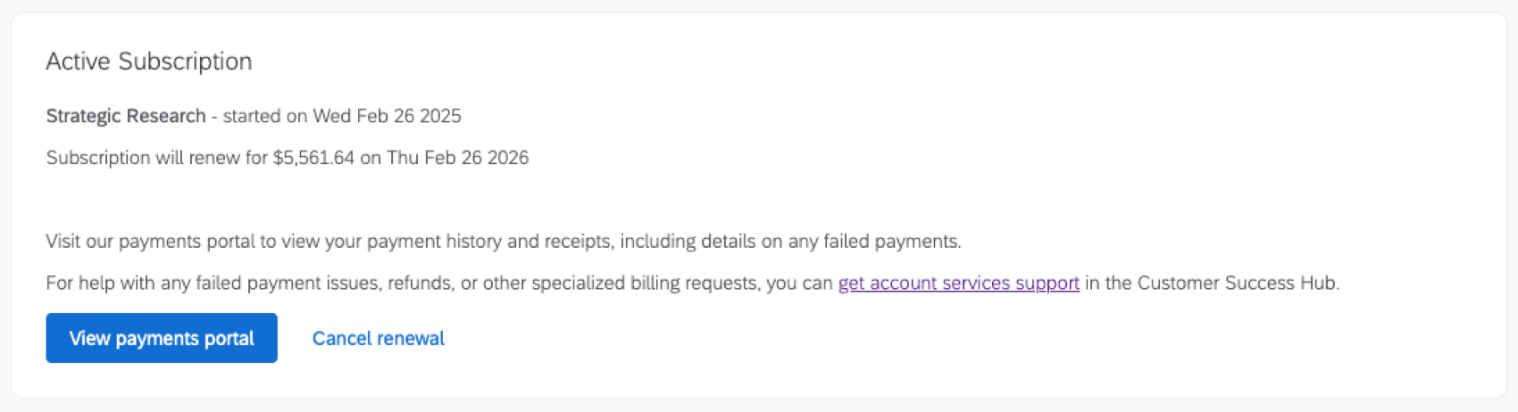 active subscription info in the billing tab in account settings