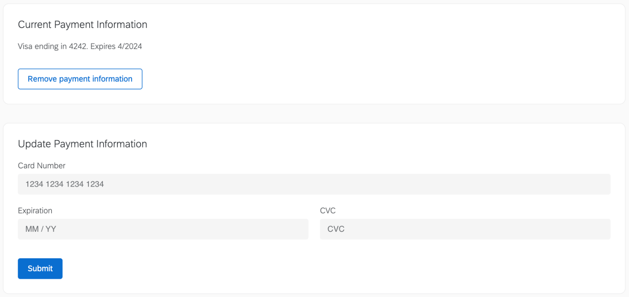 fields to update credit card info