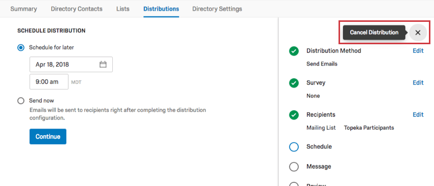 X is highlighted to reveal the label Cancel Distribution