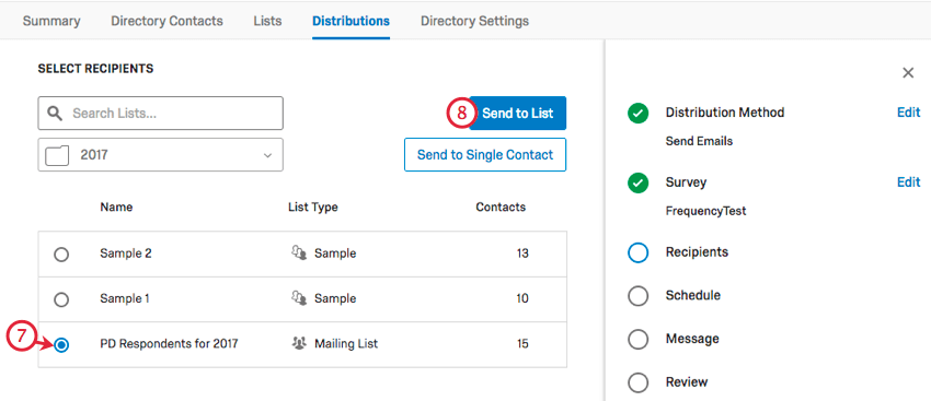 A mailing list is selected