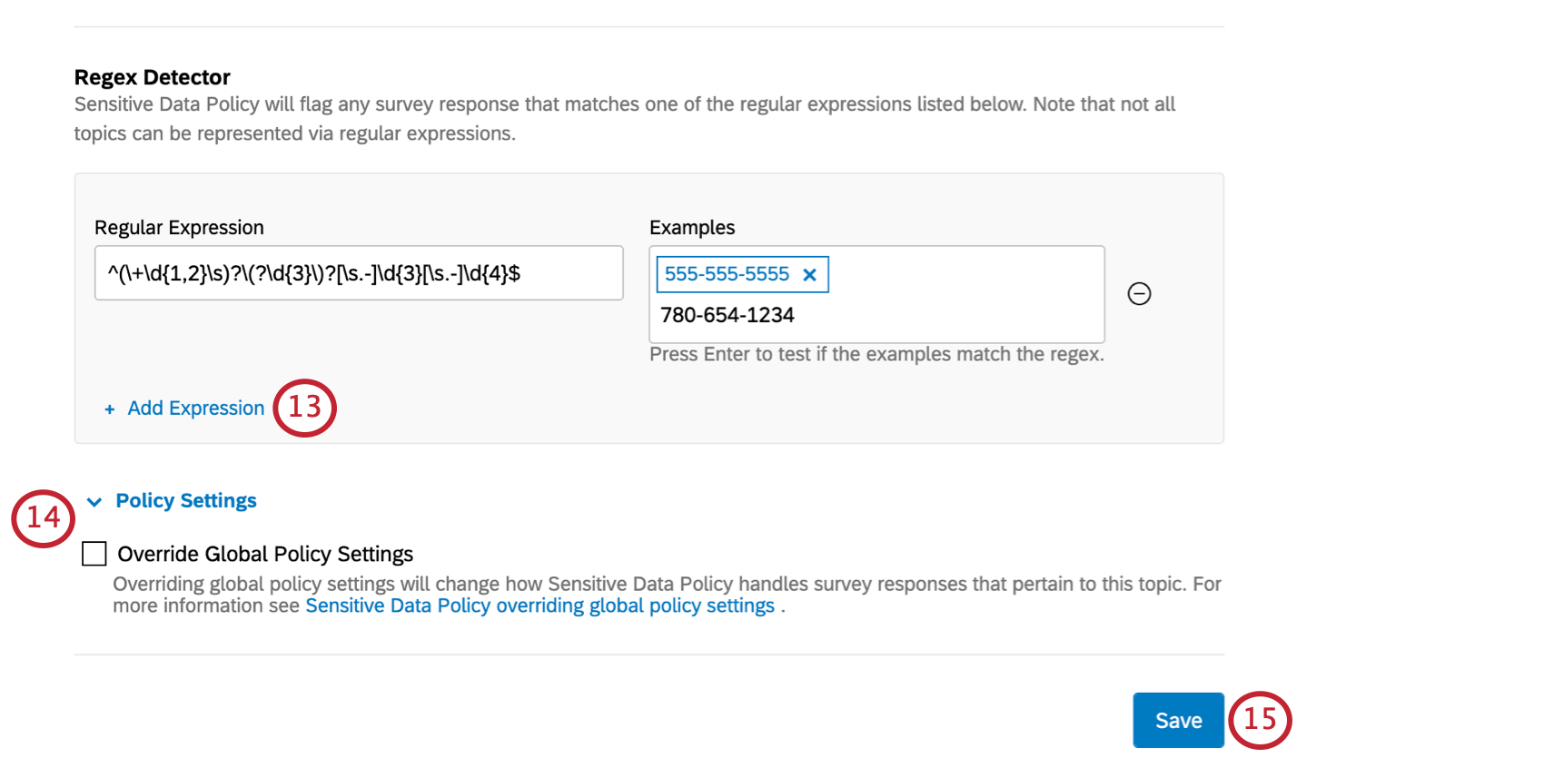 Shows what dictionary looks like uploaded, as well as regex. Policy Settings at the bottom of the window