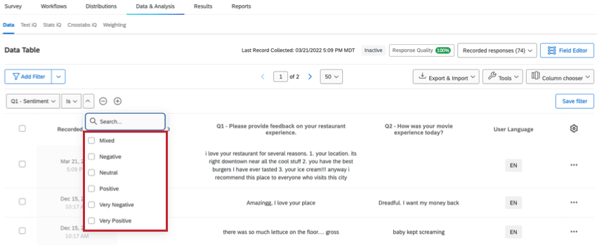 Choosing which sentiment to filter by: Negative, Neutral, Positive, Very Negative, Very Positive.