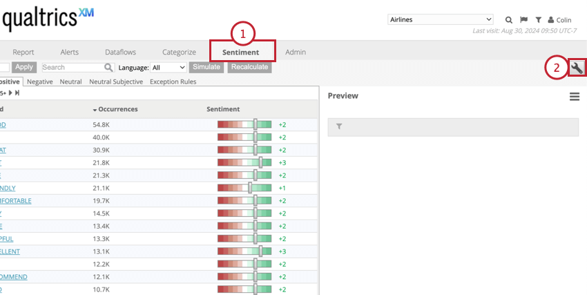 in the sentiment tab, clicking the sentiment transfer wrench icon