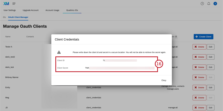 ID do cliente e o segredo do cliente exibidos em uma janela