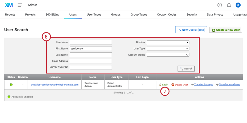 ServiceNowユーザーの検索、アカウントへのプロキシログイン