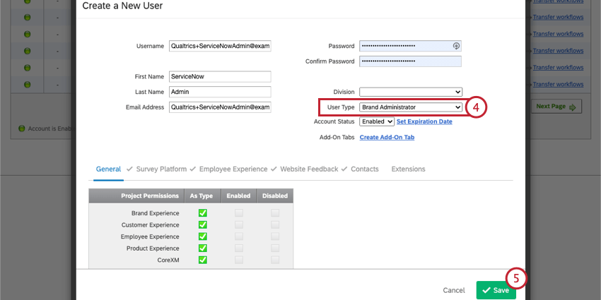 Setting up a ServiceNow admin, with the user type set to Brand Administrator