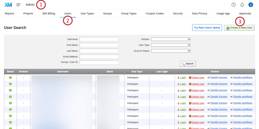 Navigating to the Admin section, the Users tab, and then clicking Create a New User