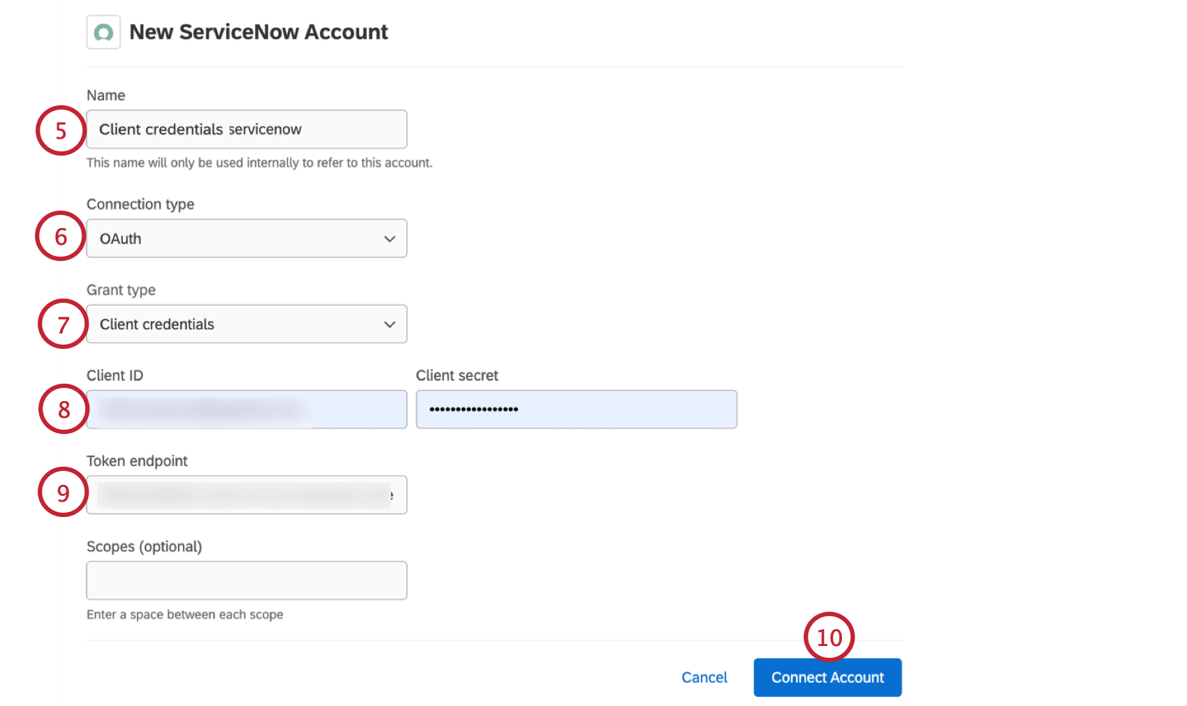 adicionar uma conta do servicenow usando credenciais de cliente