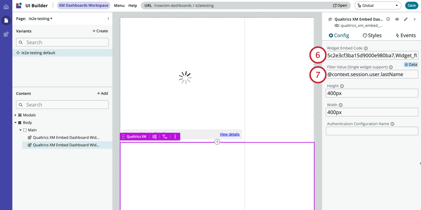 en ajoutant le code du widget et en choisissant le champ servicenow pour filtrer par