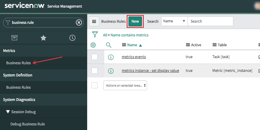 Servicenow. Les règles de gestion sont recherchées et sélectionnées à gauche. Teal New button top, center