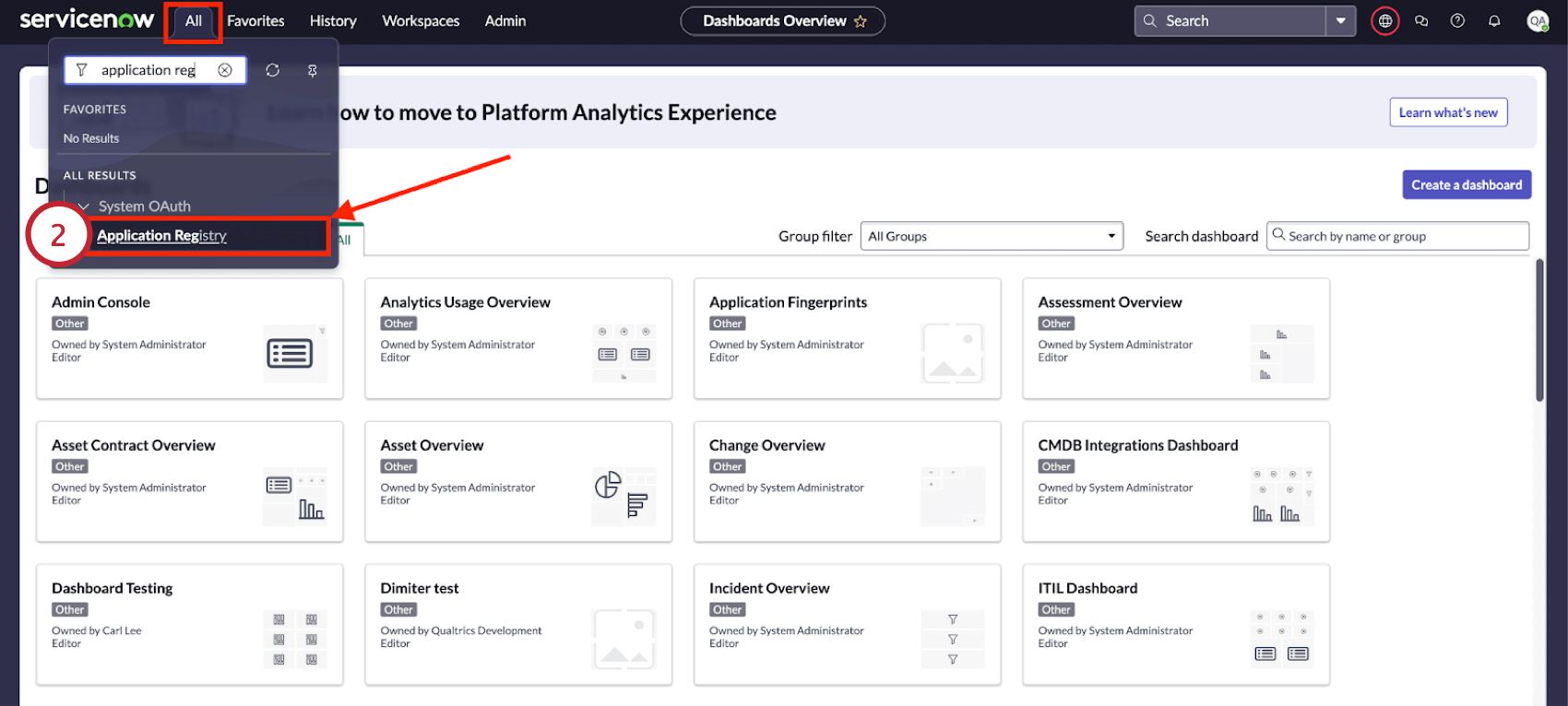 ricerca del registro delle applicazioni in servicenow