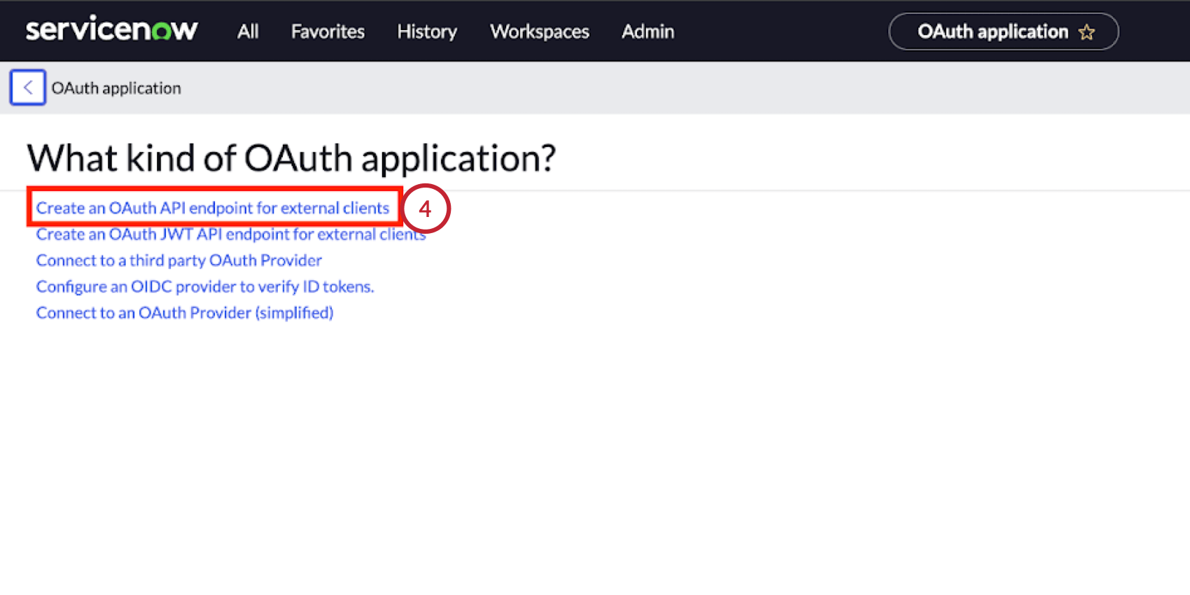 klicken Sie auf Erstellen eines OAuth API-Endpunkts für externe Kunden in Servicenow