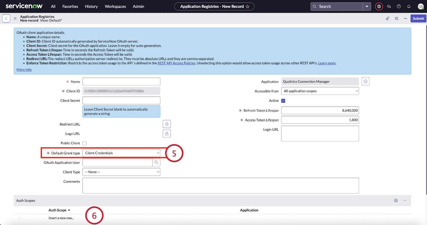 choisir les informations didentification du client comme type de subvention et ajouter une portée dauthentification