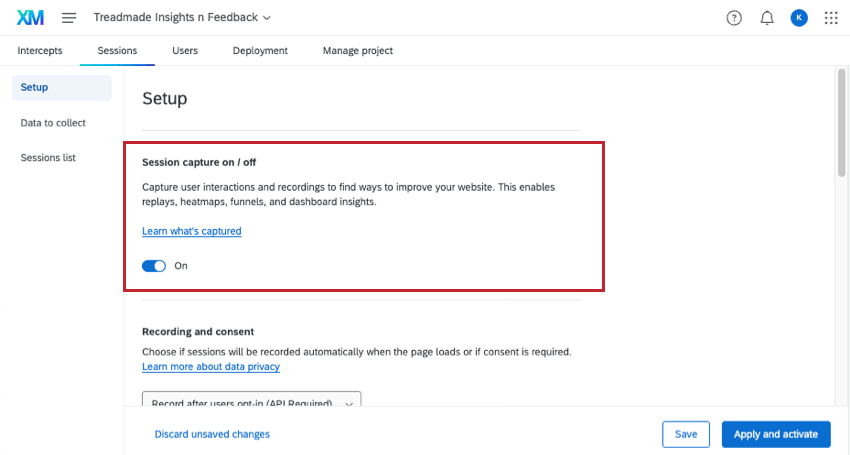 schalter mit der Aufschrift Sitzungserfassung ein/aus
