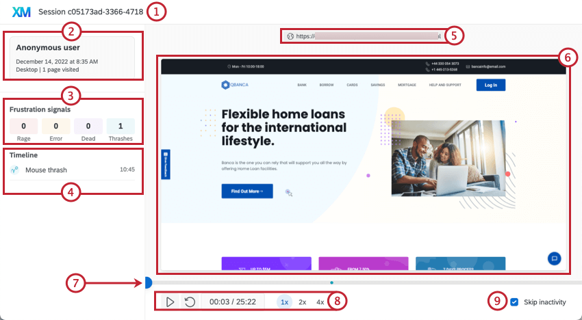 diferentes seções do reprodutor de sessão quando uma sessão gravada estiver sendo reproduzida