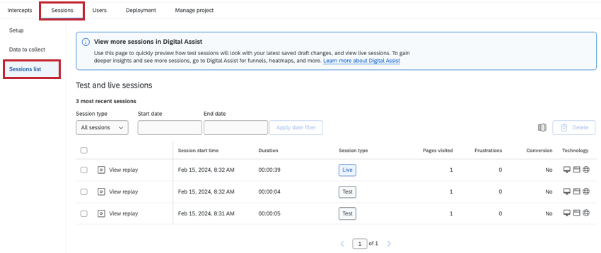 seção da lista sessões da guia sessões