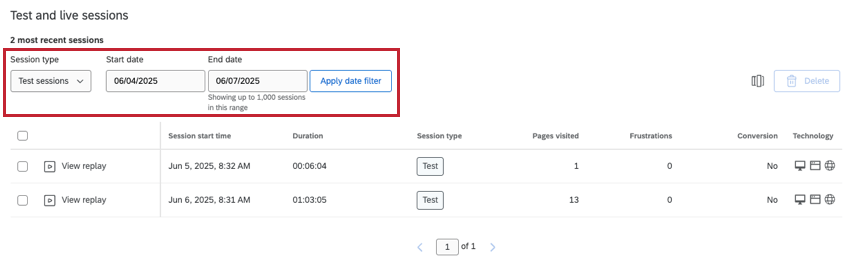 filters highlighted at top of test ad user sessions list