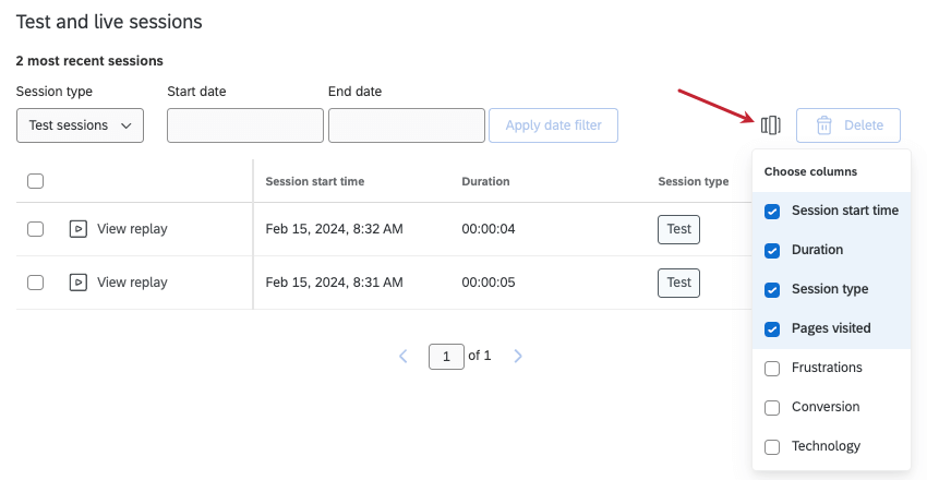 column selection button