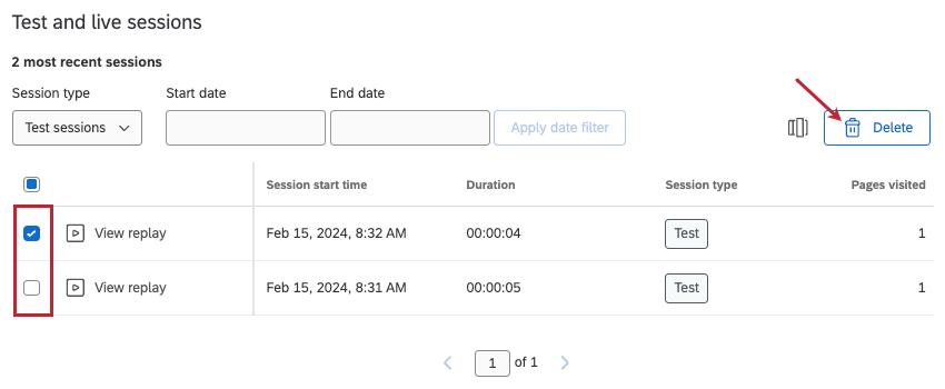 selecting multiple sessions and clicking delete