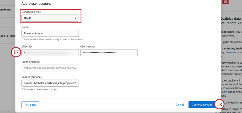 adicionar uma nova conexão oauth adobe