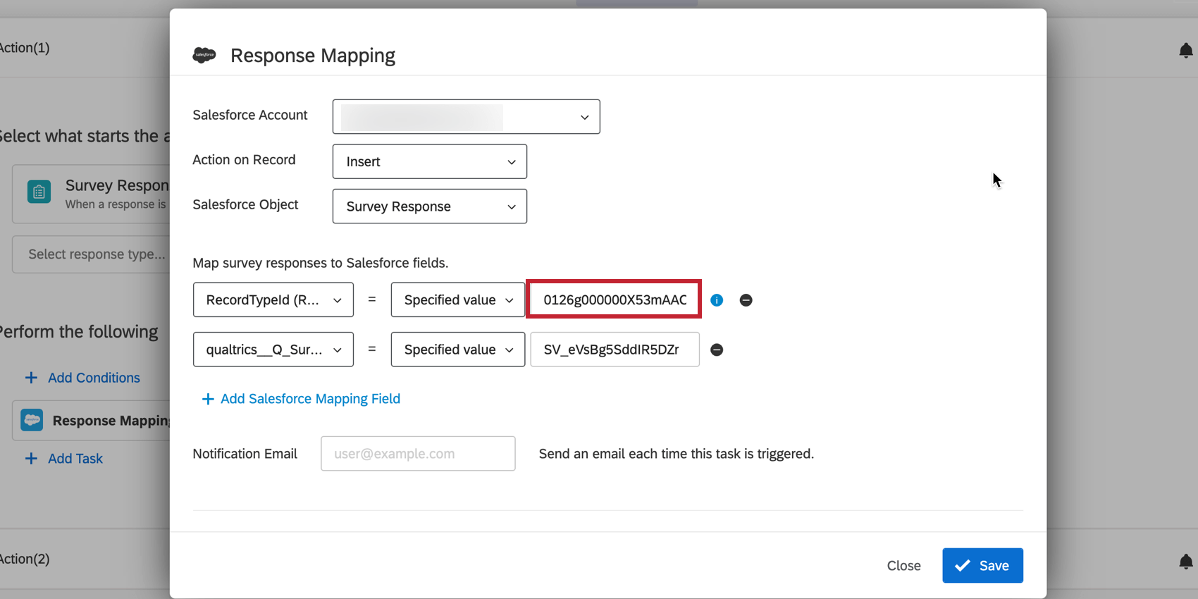 pasting the copied ID into a response mapping task
