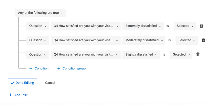 回答が不満足な場合にのみタスクをトリガーする条件セット
