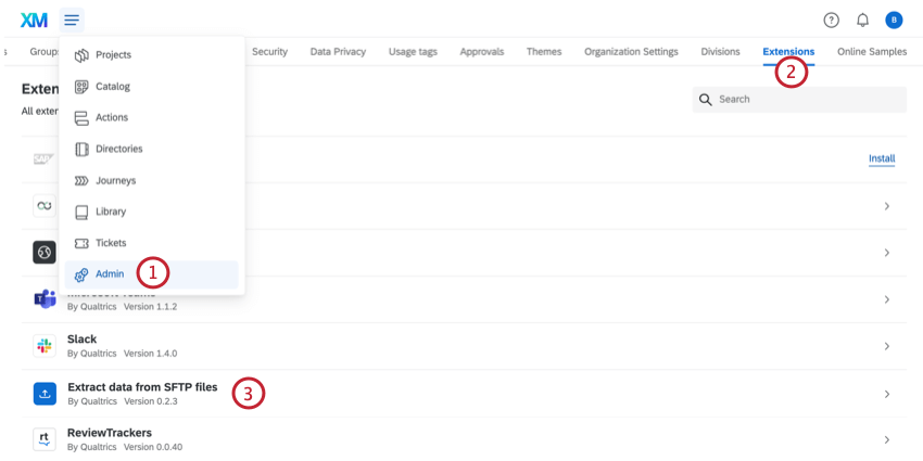 管理画面の「extensions」セクションに移動し、「extract data from sftp files」拡張子を選択します。