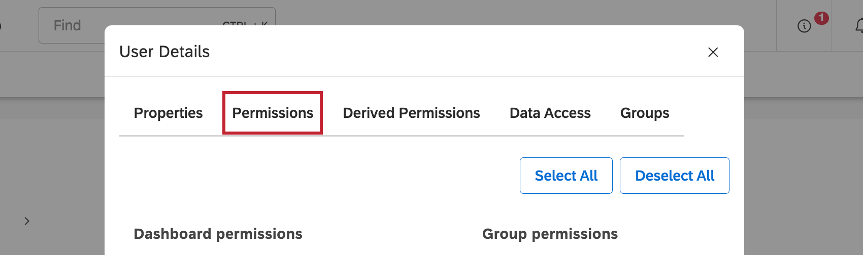 permissions tab of user editing window