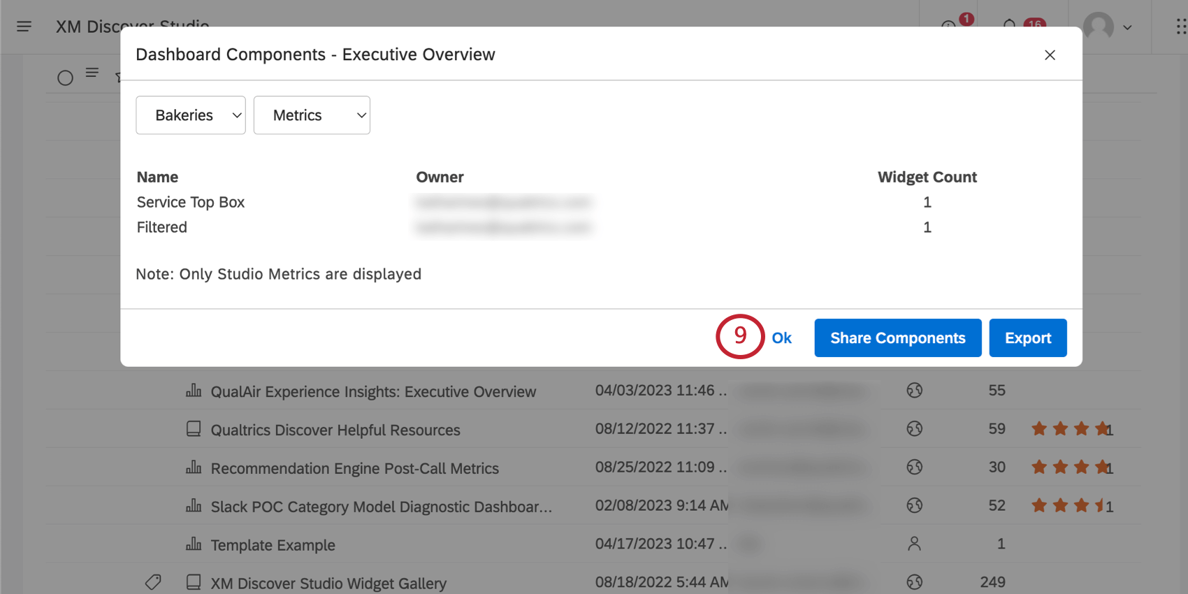 finestra dei componenti del dashboard