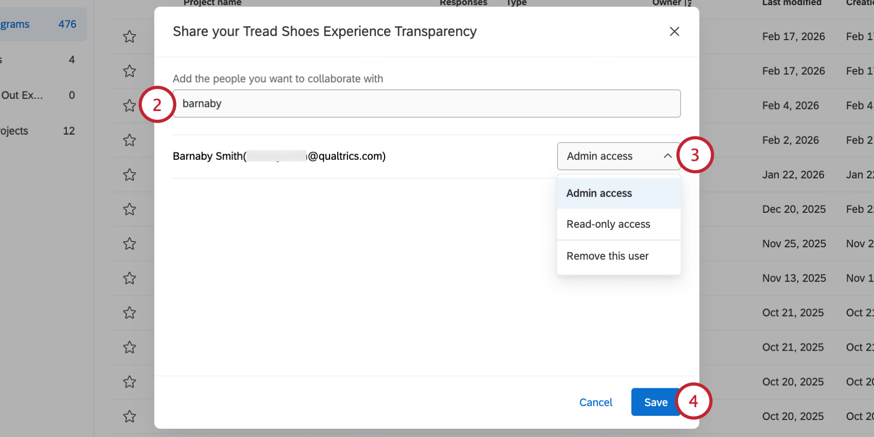 searching for a user to share with and selecting their level of access
