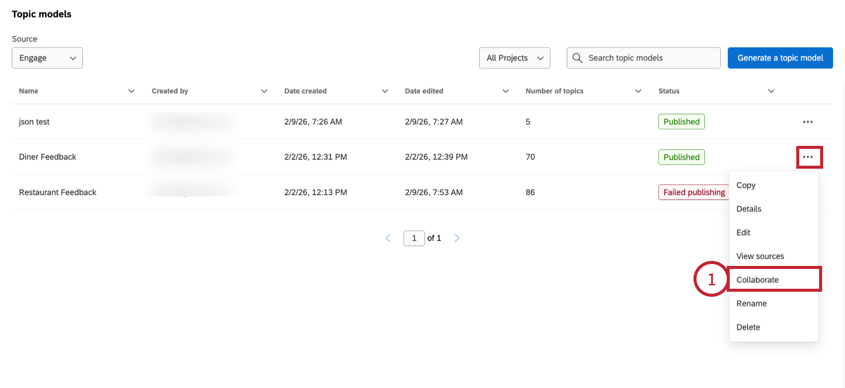 en sélectionnant Collaborer dans le menu des options du modèle de sujet