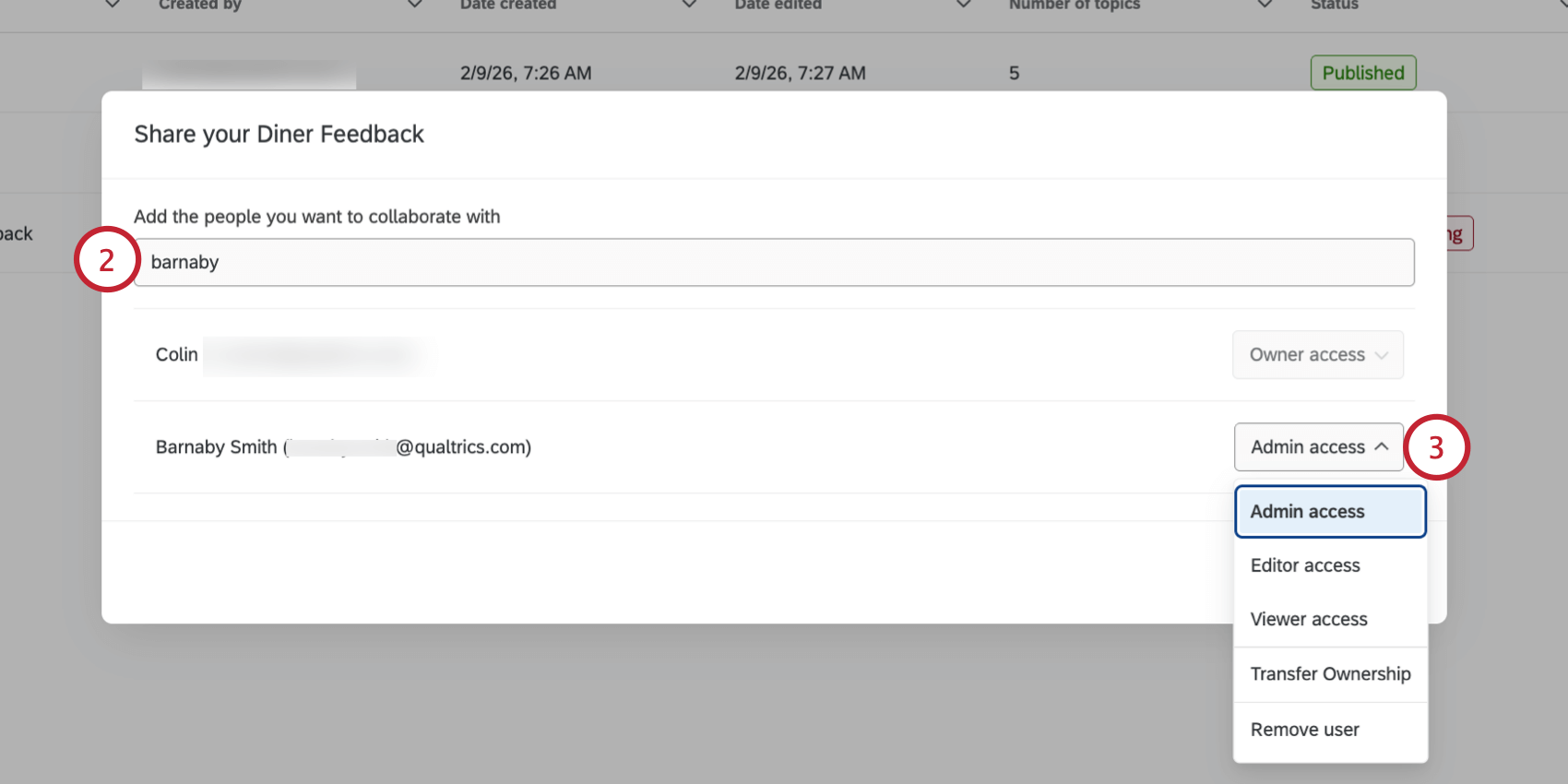 searching for a user and selecting their level of access