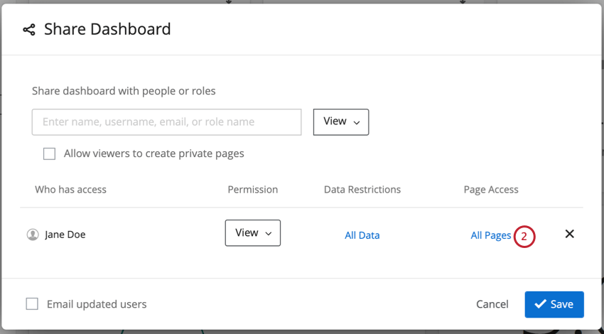 Janela de compartilhamento aberta, texto All Pages azul sob o cabeçalho Pages Access