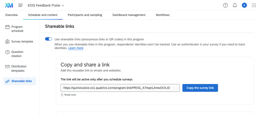 Shareable links section of the larger pulse program
