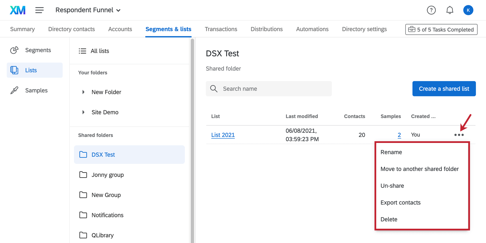 An image of a shared list in its folder, with the actions described below appearing in the dropdown menu next to it
