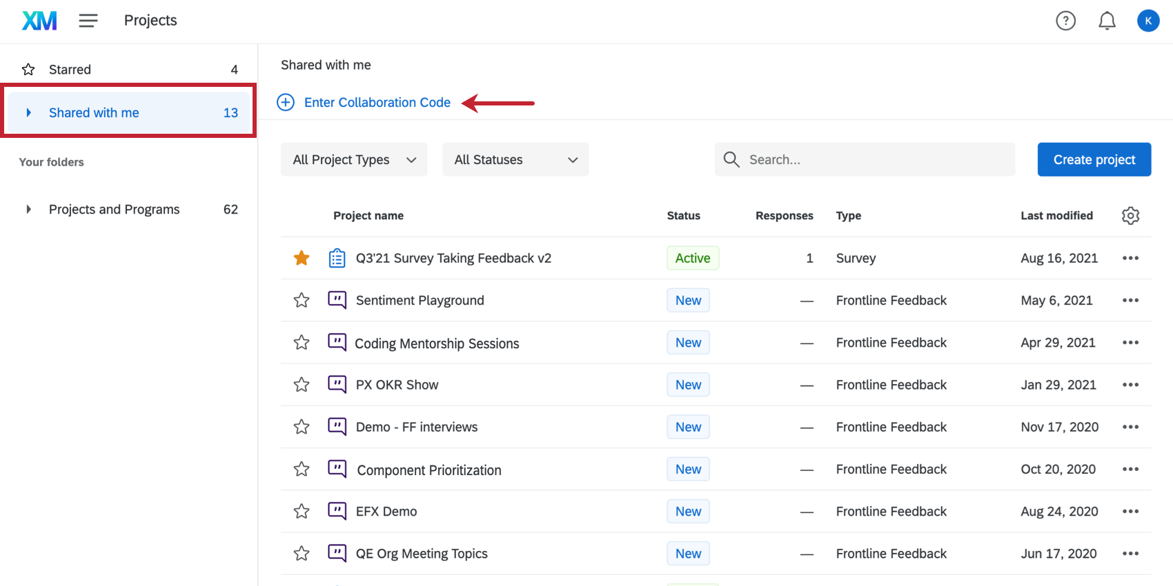 Blue text with plus sign just below the breadcrumb bar that says "enter collaboration code"