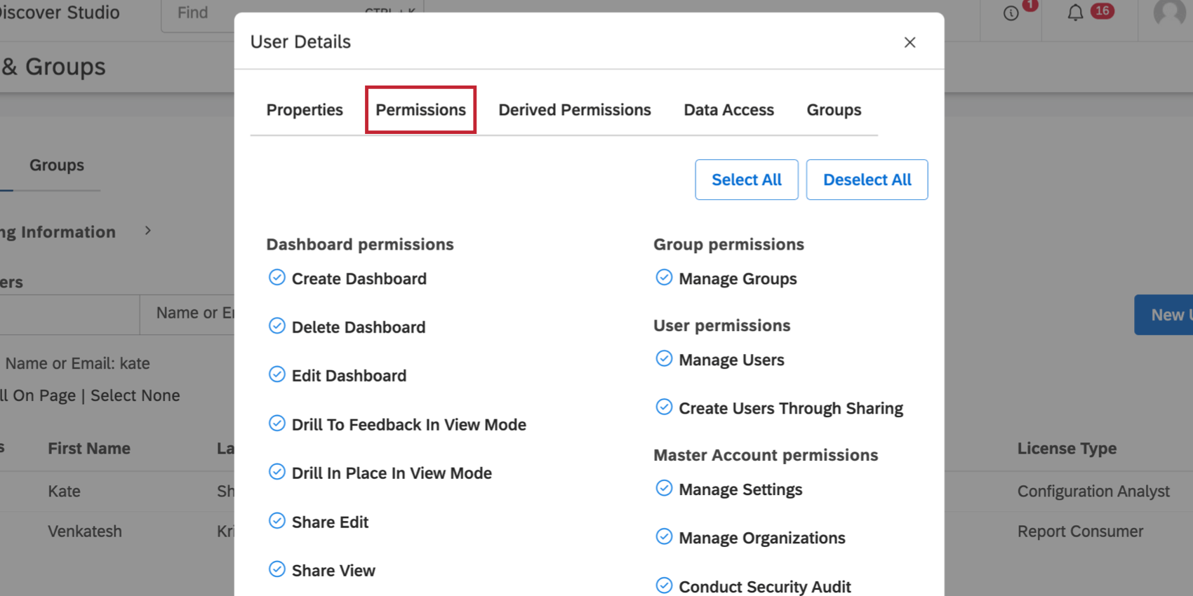 Permissions tab of user details window