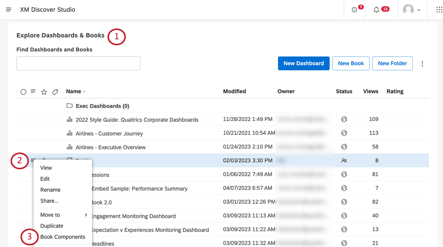 Book components option under 3 line menu