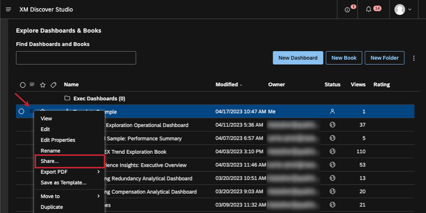 Condivisione di una dashboard dalla homepage