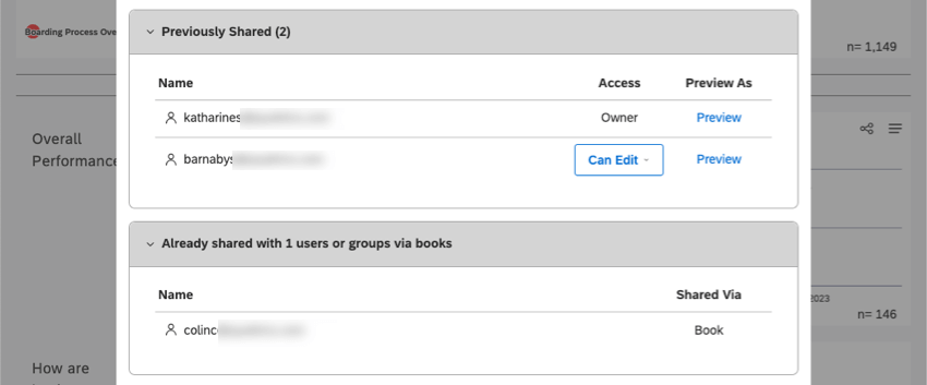 section in sharing window for previously shared and already shared with via books