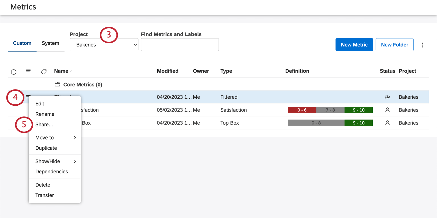 Öffnen des 3-zeiligen Menüs weiter der Metrik